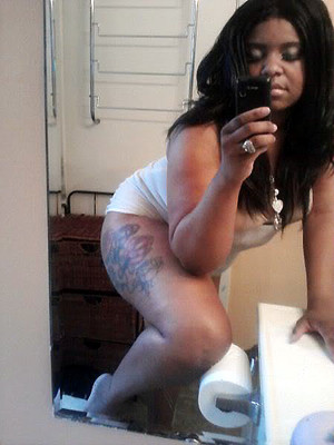 Passionate black babe in white shorts,..